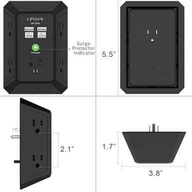 USB Wall Charger, Surge Protector, QINLIANF 5 Outlet Extender with 4 USB Charging Ports (4.8A Total) 3-Sided 1680J Power Strip Multi Plug Outlets Wall Adapter Spaced for Home Travel Office(2U2C),Black - Image 7