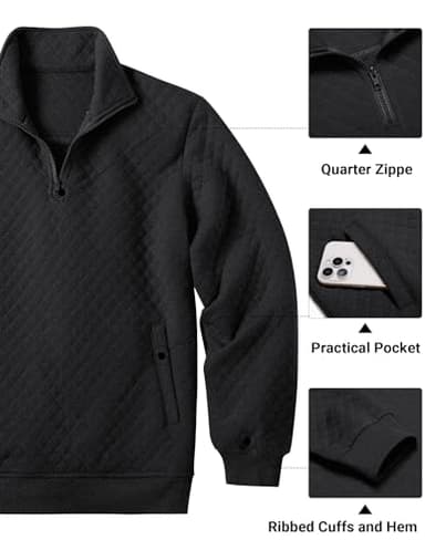 COOFANDY Mens Quarter Zip Pullover Quilted Sweatshirt Knit Long Sleeve Mock Neck Sweater Polo with Pocket A-black - Image 5