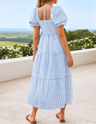 ZESICA Women's 2025 Bohemian Summer Plaid Square Neck Puff Sleeve Ruffle Flowy Beach Midi Dress,LightBlue,Small - Image 3