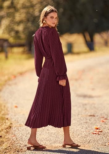 PRETTYGARDEN Women's 2025 Spring Fall Midi Dress Casual Long Sleeve V Neck Swiss Dot Pleated A Line Flowy Dresses (Dark Wine Red,Large) - Image 2
