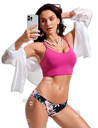 CRZ YOGA Women's Bikini Top Cropped V Neck Adjustable Spaghetti Straps Swimsuit Padded Athletic Bathing Suit Hibiscus Purple Large - Image 4