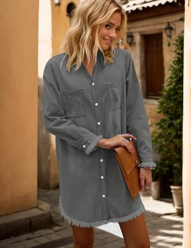 Zilcremo Women Denim Shirt Dresses Long Sleeve Distressed Jean Dress Button Down Casual Tunic Top Grey S - Image 4