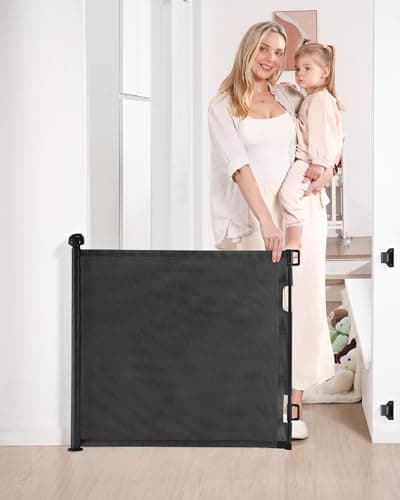 Likzest Retractable Mesh Gate, 33" Tall, Extends up to 55" Wide, Child & Pet Safety Gate for Stairs, Doorways & Hallways, Ideal for Dogs & Cats Indoors & Outdoors (Black) - Image 1