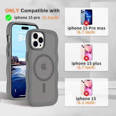 Hualele Magnetic for iPhone 15 Pro Case, Compatible with MagSafe, Military Grade Dropproof Translucent Matte Back Cute Curly Wave Edge Slim Phone Case 15 Pro, Grey - Image 2
