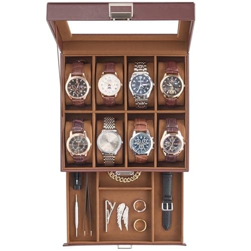 ProCase Watch Case, 8 Slot Mens Watch Box Holder Organizer with Glass Lid, 2-Layer Watches Display Case, Mens Jewelry Box with Drawer, Birthday Christmas Gifts for Men Women -8 Slot, Espresso - Image 1