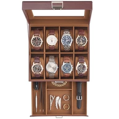 ProCase Watch Case, 8 Slot Mens Watch Box Holder Organizer with Glass Lid, 2-Layer Watches Display Case, Mens Jewelry Box with Drawer, Birthday Christmas Gifts for Men Women -8 Slot, Espresso - Image 1