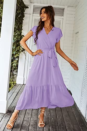 PRETTYGARDEN Women's Summer Floral Boho Dress Wrap V Neck Short Sleeve Ruffle A-Line Flowy Maxi Wedding Guest Dresses (Solid Purple,X-Large) - Image 2
