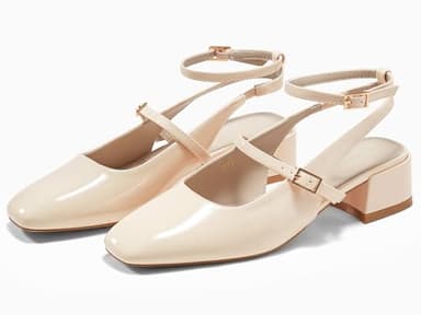 Coutgo Womens Mary Jane Chunky Low Heels Closed Square Toe Ankle Strap Pumps Wedding Party Dress Shoes, Beige, Size 6.5 - Image 5