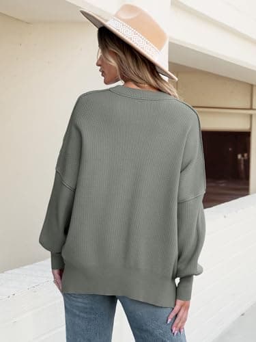 ANRABESS Women Oversized Sweaters Batwing Long Sleeve 2025 Fall Outfits Crewneck Casual Knit Side Slit Fashion Pullover Top Khaki Green Medium - Image 6