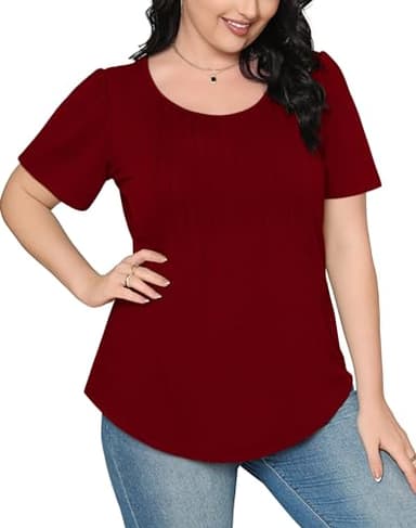 Summer T Shirts for Women Dressy Casual Short Sleeve Blouses Pleated Front Trendy Valentine's Day Shirts Going Out Tops Wine Red L - Image 4
