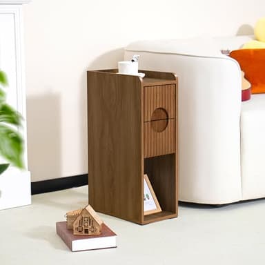 Narrow Fluted Nightstand Set of 2, Wooden Small 2 Drawer Nightstand, Slim Side End Table, Vintage Bedside Table, Mid Century Modern Night Stand with Drawers, for Living Room, Bedroom, Walnut - Image 3