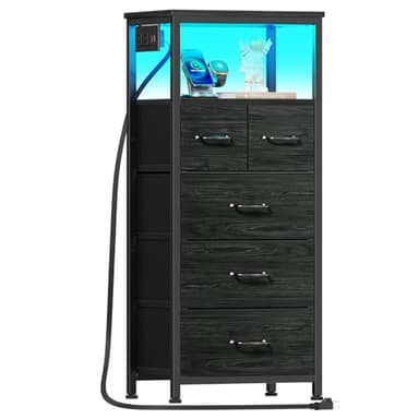 Furnulem Dresser for Bedroom, Tall Nightstand, Vertical Chest with Wood Top, Charging Station, LED Lights, 5 Fabric Bins, Bedside Table with Shelf, Furniture for Entryway (5 Drawer, Black Oak) - Image 1