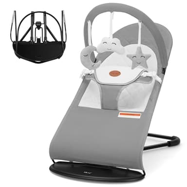 HKAI Baby Bouncer, Portable Baby Bouncer Seat for Babies 0-18 Months, 100% Cotton Fabrics, 3 Modes of use with Rocker and Stationary Options, Infant Rocker Chair with Hanging Toys-Light Grey - Image 1