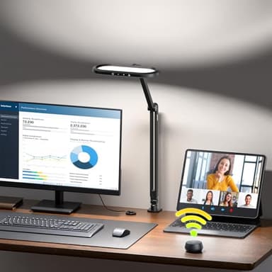 LED Desk Lamp for Home Office, Eye-Care Double-Sided Desk Light with Stepless Dimmable Knob Remote, Memory, Adjustable Arm Clip on Light for Video Recording, Zoom Call, Study, Flicker-Free, Glare-Free - Image 1