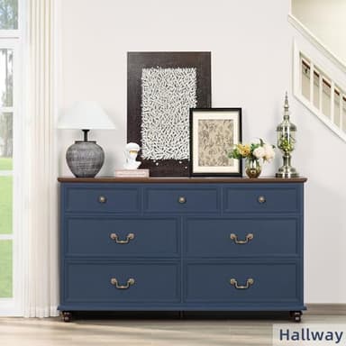 Joaxswe Farmhouse 54" 7 Drawers Dresser for Bedroom, Wide Chest of Drawers w/ 4 Wooden Legs, Vintage Rustic Large Closet Storage Dressers Organizer for Hallway, Wood TV Stand for Living Room, Blue - Image 6