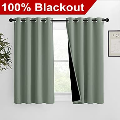 NICETOWN 100% Blackout Curtains 54 inches Long, Double-Deck Completely Blackout Window Treatment Thermal Insulated Lined Drapes for Small Window (Greyish Green, 1 Pair, 46 inches Width Each Panel) - Image 2