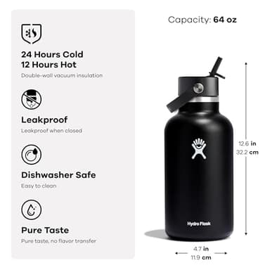 Hydro Flask Water Bottle - Insulated Stainless Steel - Wide Mouth Flex Straw Lid, Non Spill, Leakproof and Refillable in 64 Oz White - Image 5