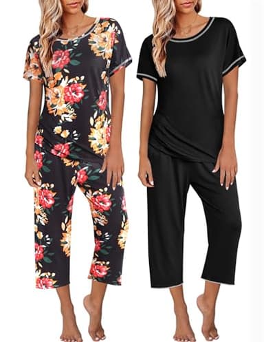 Ekouaer 2 Pack: Women's Pajamas Short Sleeve Sleepwear Tops and Capri Pants Pjs Print Pajama Sets Red Flowers Black M - Image 1