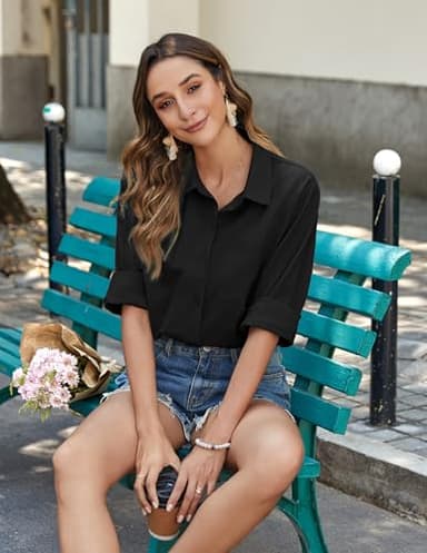 Zeagoo Black Shirt Women V Neck Button Downs Blouses Long Sleeve Collared Cotton Tops Woman Black - Image 5