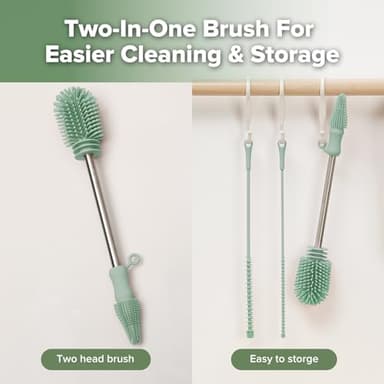 haakaa Silicone Cleaning Brush Kit - Baby Bottle Brush Cleaner for Breast Pump,Nipple,Breast Milk Storage Bag,Reusable Straw,Sippy Cup - Food Grade Silicone Bristles, Portable - 3 Pcs - Pea Green - Image 6