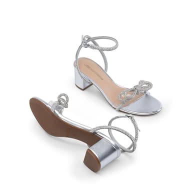 DREAM PAIRS Women's Double Bowknots Crystal Sandals Low Chunky Heels Clear Slingback Dress Shoes for Wedding Bridal Party,Size 9,Silver,DWUMHS2559 - Image 3