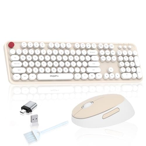 Cream Wireless Keyboard Mouse, COOFUN 104 Keys Full Size White Keyboard Ergonomic Cordless Keyboards Cute Colorful Retro Typewriter Key Board for Windows, PC, Laptop, Desktop (Creamy) - Image 1
