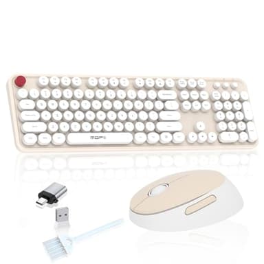 Cream Wireless Keyboard Mouse, COOFUN 104 Keys Full Size White Keyboard Ergonomic Cordless Keyboards Cute Colorful Retro Typewriter Key Board for Windows, PC, Laptop, Desktop (Creamy) - Image 1