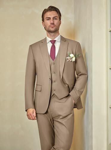 WULFUL Men’s Slim Fit Suit One Button 3-Piece Blazer Dress Business Wedding Party Jacket Vest & Pant Light Brown - Image 9