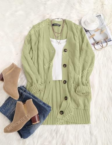 MEROKEETY Women's 2025 Fall Long Sleeve Cable Knit Cardigan Sweater Open Front Button Loose Outerwear Light Green - Image 5