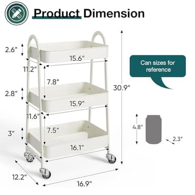 SMUG 3 Tier Rolling Cart - Metal Utility Carts on Lockable Caster Wheels, Mobile Storage Shelves Organizer for Livingroom, Bathroom, Kitchen, Bedroom & Narrow Places, White - Image 4