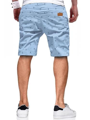 JMIERR Mens Casual Shorts - Fashion Cotton Drawstring Summer Beach Stretch Waist Twill Chino Golf Travel Essentials Cruise Shorts with Pockets for Men 8 Inch Inseam, L, Coconut Tree Printed Sky Blue - Image 2