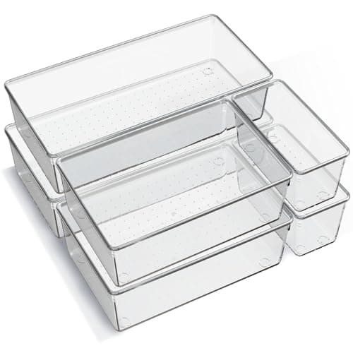 6 Pack Large Clear Plastic Drawer Organizer Trays, Acrylic Kitchen Drawer Organization and Storage Dividers, Non-Slip Storage Bins for Makeup, Kitchen Utensils, Bathroom, Jewelries and Office Desk - Image 1