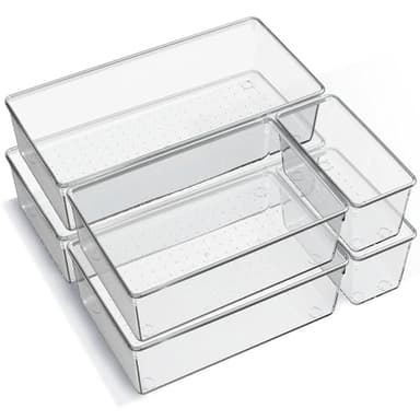 6 Pack Large Clear Plastic Drawer Organizer Trays, Acrylic Kitchen Drawer Organization and Storage Dividers, Non-Slip Storage Bins for Makeup, Kitchen Utensils, Bathroom, Jewelries and Office Desk - Image 1