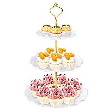 BACUTHY 3 Tier Cupcake Stand Holder, Plastic Cup Cake Stand Towel with Tiered Serving Tray for Cupcakes, Donuts, Fruits and More, White (White) - Image 1