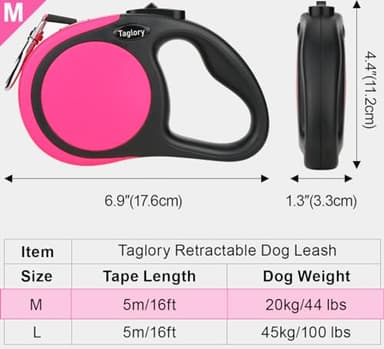 Taglory Retractable Dog Leash, 16ft No Tangle Leash Retractable for Small Medium Dogs Up to 44 lbs, One-Handed Brake, Pause, Lock, Pink - Image 5