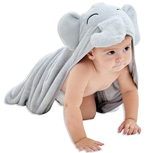HIPHOP PANDA Hooded Towel - Rayon Made from Bamboo, Bath Towel with Bear Ears for Newborn, Babie, Toddler, Infant - Absorbent Large Baby Towel - Grey Elephant, 30 x 30 Inch - Image 1
