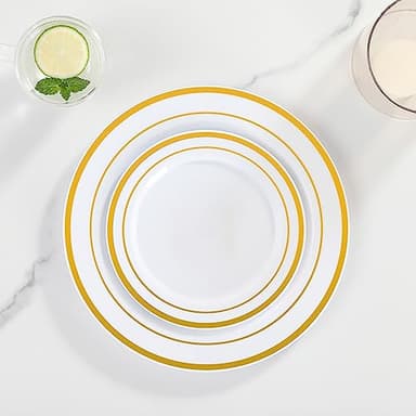 AOZITA 100 Pcs Gold Plastic Plates for Party, Disposable Heavy Duty Plastic Plates - 50 Dinner Plates and 50 Salad Plates for Party Wedding - Image 5