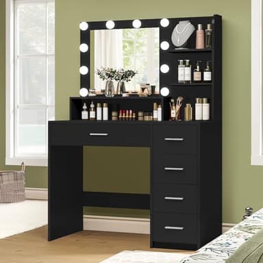 Quimoo Makeup Vanity Desk with Mirror & Lights, Vanity Desk with 5 Drawers & Storage Shelves, Vanity Table, 3 Color Modes & Adjustable Brightness Dressing Table, Bedroom, Black - Image 2