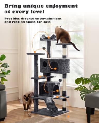 Yaheetech 54in Cat Tree, Multi-Level Cat Tower with Spacious Kitten-ear Perch, 2 Cozy Caves, Scratching Posts, Climbing Ladder, 2 Plush Balls, Durable Pet House Furniture for Indoor Kittens, Dark Gray - Image 7
