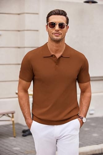 COOFANDY Mens Knit Polo Shirts Casual Short Sleeve Classic Polo Shirts Button Down Golf Shirts Caramel - Image 6