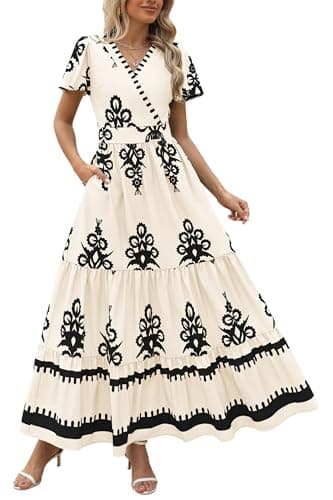 PRETTYGARDEN Womens 2025 Summer Casual V Neck Boho Maxi Dress Flowy Aline Bell Sleeve Tiered Floral Dresses with Pocket (Floral Apricot Black,X-Large) - Image 1