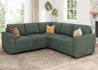 HONBAY Sectional Sleeper Sofa with Pull Out Bed, Corduroy L Shaped Couch with Storage, Modular Sectional Couches for Living Room, Green - Image 7