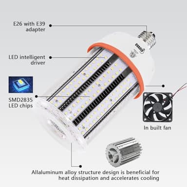 120W Led Corn light bulbs,18000 Lumen LED Corn Bulb 1200W Equivalent 5000K Daylight White Lamp,E26/E39 Medium Mogul Base,2-Pack Large Area Lights For Outdoor Indoor Warehouse Garage High Bay Lighting - Image 4