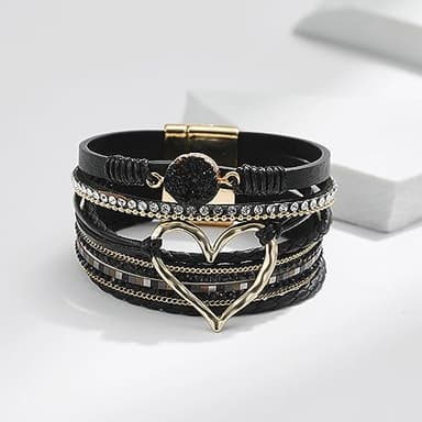 Leopard Bracelet for Women, Boho Leather Wrap Multi-Layer Pearl Crystal Bracelet Bangle Jewelry (Heart Leather(Black)) - Image 4