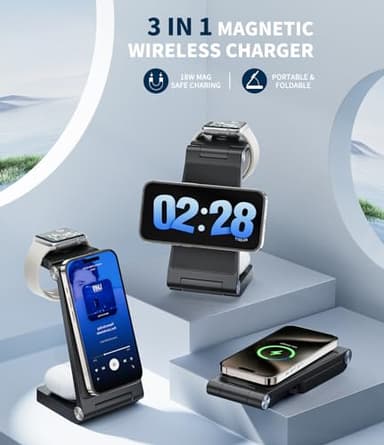 Magnetic Wireless Mag-Safe Charging Station, 3 in 1 Fast Max Charging for iPhone 16 15 14 13 12 Pro Max Plus, Apple Watch, Air Pods Pro - Space-Saving Multi-Device Stand (Black) - Image 2