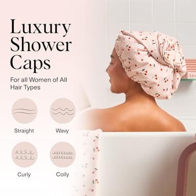 Kitsch Luxury Shower Caps for Women Reusable Waterproof - Flexi Satin Lined, Large Shower Cap for Men, Non-slip, Quick-dry, Adjustable, Stylish Hair Cap for Long & Short Hair - Cherry Print - Image 6