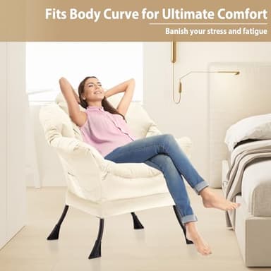 Youtanic Lazy Chair Thick Padded, Comfy Velvet Accent Lounge Chair with Stable Frame, Leisure Sofa Armchair with Armrests and Side Pocket, Reading Chair for Bedroom, Living Room, Office, Beige - Image 5