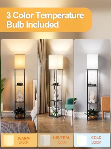 Floor Lamp with Shelves for Living Room, Shelf Floor Lamp with 3 CCT LED Bulb, Corner Display Standing Column Lamp Etagere Organizer Tower Nightstand with White Linen Shade for Bedroom, Office - Image 2