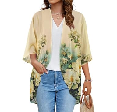 Women's Floral Print Puff Sleeve Kimono Cardigan Loose Cover Up Casual Blouse Tops(Beige White Floral,2XL) - Image 1