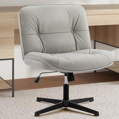 Sweetcrispy Criss Cross Legged Chair, Armless Office Desk Wide Seat No Wheels, PU Leather Swivel Height Adjustable Comfy Computer Task Seating Modern Home Room - Khaki Grey - Image 1